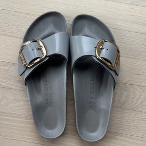 Birkenstock Madrid Big Buckle High Shine Women's Gray Sandals with Gold Buckle
